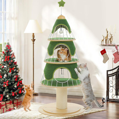 Grattoir pour chat, grande planche à griffer pour arbre de Noël avec tiges de grattage en sisal naturel et boule de jouet interactive pour chatons et chatons