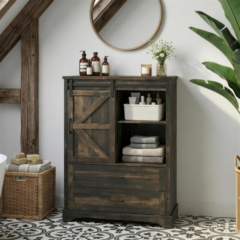 Commode de rangement à 5 tiroirs 47 "avec porte de grange et tablette Farmhouse, Brun
