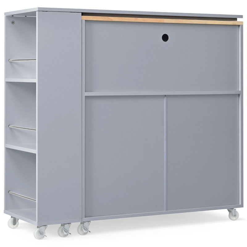 Grey Kitchen Island With Led Lights, Power Outlets, 2 Fluted Glass Doors, Storage Compartment & Easy Movement, Modern Lighting, Sockets