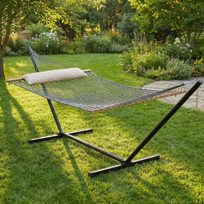 Rope Hammock With Stand Included, Portable Double Hammock With Soft Pillow, Gray