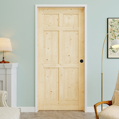 32" x 80" 6-Panel Pine Wood Interior Prehung Door with Round Knob and Black Hinges, Natural Pine Wood, Paintable & Waterproof, Suit for Laundry, Closet Doors, Room Doors, Right Hand