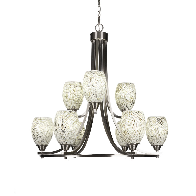 Lustre 9 lumières Michell Paramount illustré en noir mat et finition nickel brossé avec verre de fusion naturel de 5 po