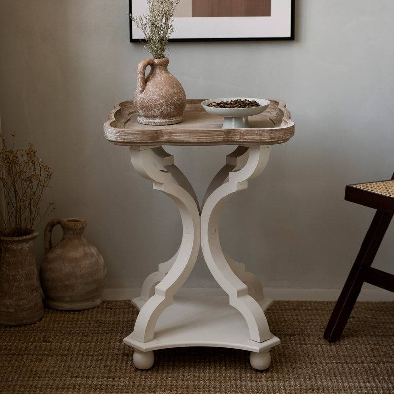 Set of 2 White and Natural Wood Tray Top End Tables