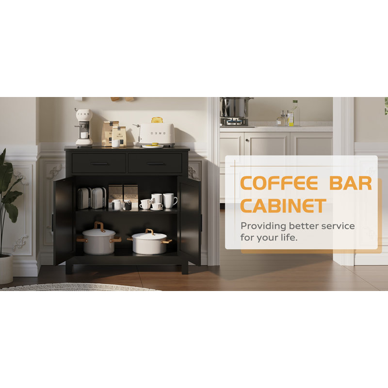 Kitchen Storage Cabinet Modern Buffet Cabinet with Storage Coffee Bar with 2 Drawers Floor Sideboard Buffet, Black