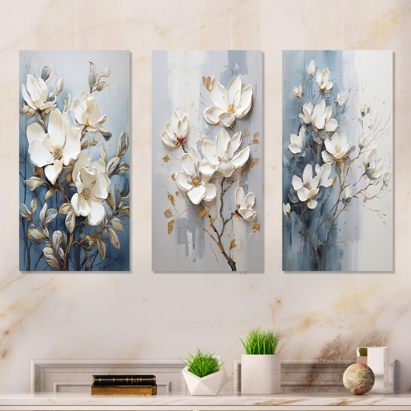 Ensemble de salon art mural bleu et blanc Magnolias - Magnolias, Toile tendue, H 32 po x l 48 po