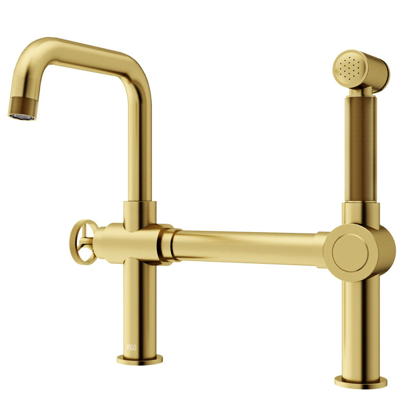 Cass 13 in. H Single-Handle High-Arc Widespread Bridge Kitchen Faucet with Pull-Out Side Sprayer, Gold