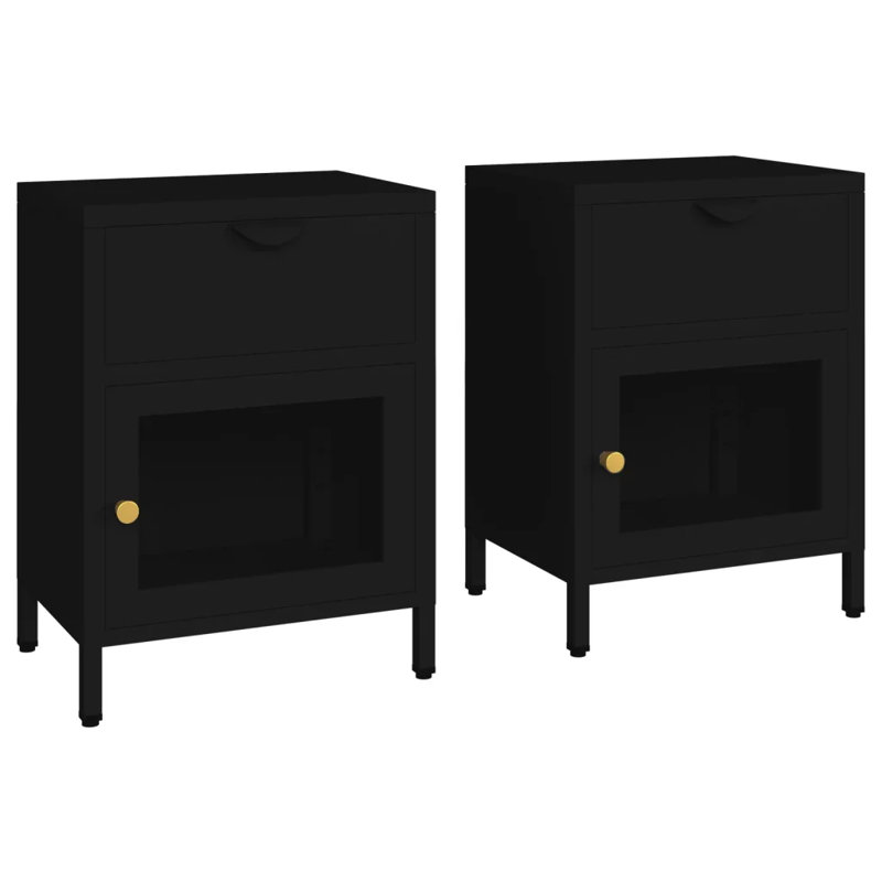 17 Stories Nightstands 2 Pcs 40X30x54.5 Cm Steel And Glass, Black