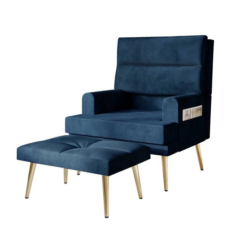 Laureat Upholstered Armchair and Ottoman, Navy Blue Velvet
