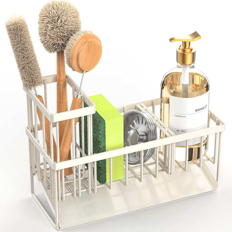 304 Rustproof Stainless Steel Kitchen Sink Caddy, High Brush Holder, Sponge Holder & Soap Dispenser Organizer, Off White