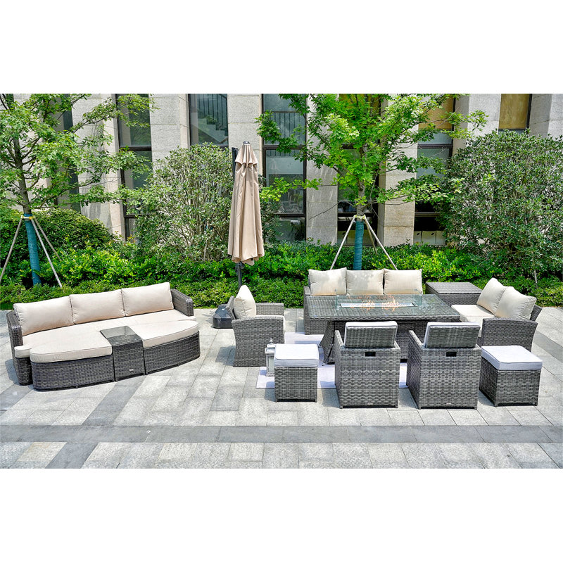 Appoint Gas Fire Pit Dining Table With Corner Sofa Set,  2 Back Folding Chairs 2 Ottomans, A Sectional Lounge Set