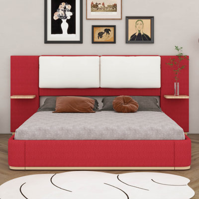 King Size Upholstered Platform Bed Frame, Panel Headboard With Anti-Collision Soft Rounded Corners, Solid Wood Slats