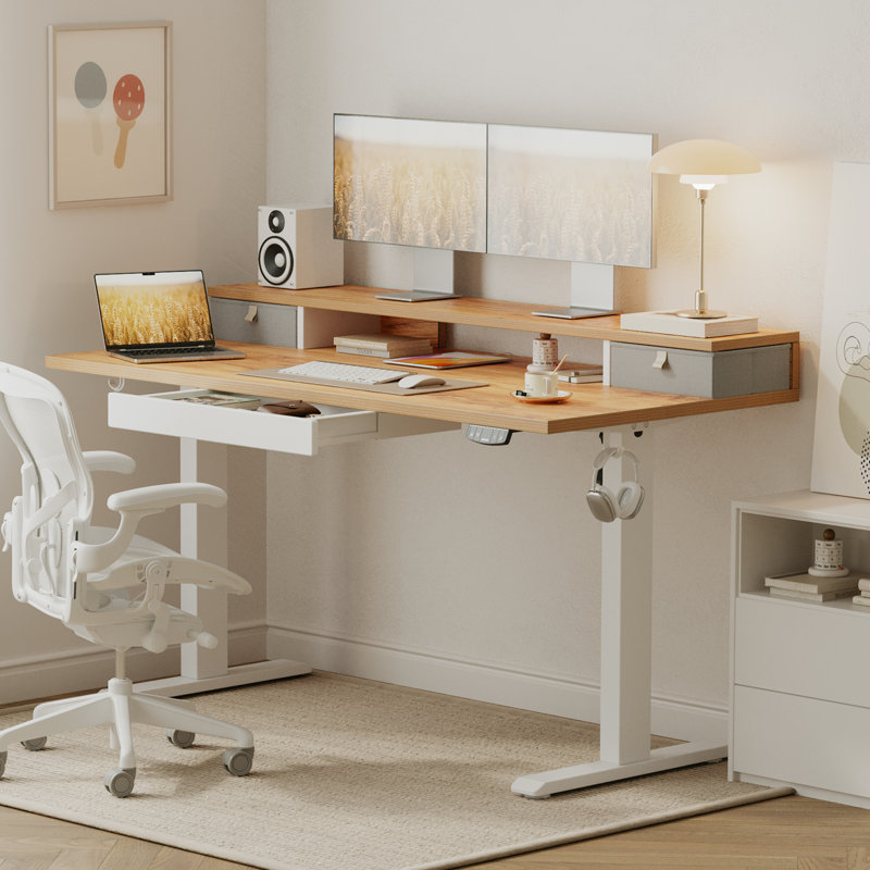Electric Height Adjustable Desk with Storage Shelf,Standing Desk with 3 Drawers for Home Office, Light Rustic Brown/White