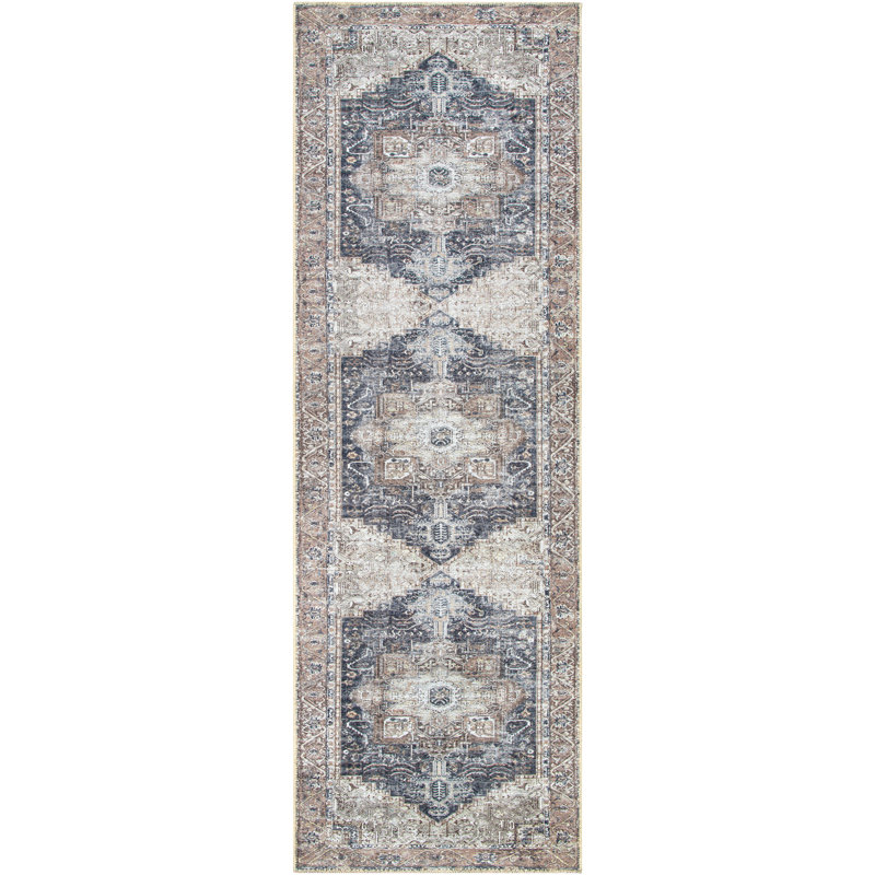 Heyward Machine Washable Oriental Ink Blue/Medium Brown Area Rug, Runner 2'7" x 7'10"