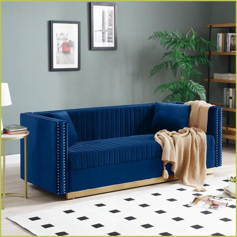 Canapé en velours capitonné Modern Modern Structure en bois massif | Bleu | Velours | Bois