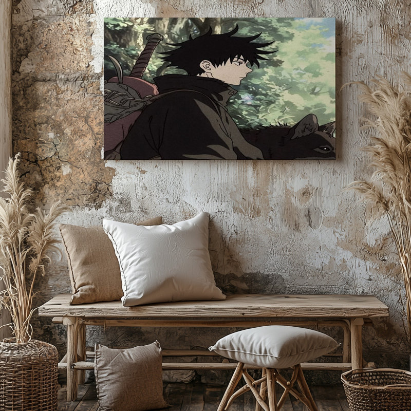 Reproduction d'art sur toile de style animé Warrior avec épée et loup en forêt, 18 x 24 in