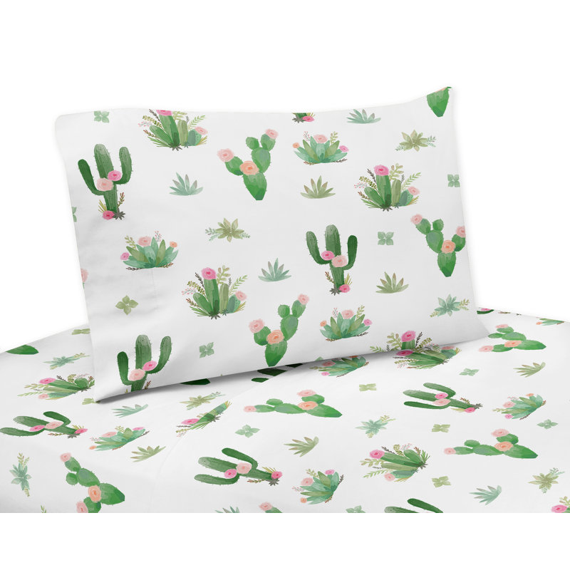 Pink and Green Floral Cactus Queen Microfiber Sheet Set