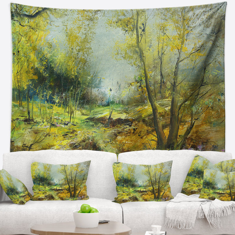 Tapisserie vert forêt paysage vert jaune, H 50 po x l 60 po