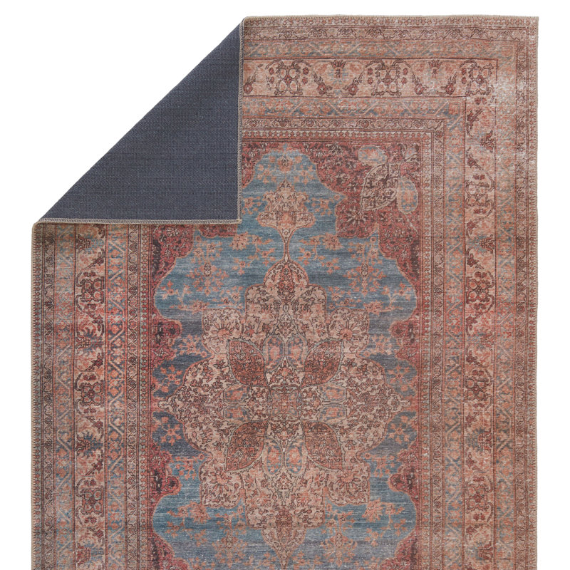 Washable Blue and Red Medallion Wool Rug