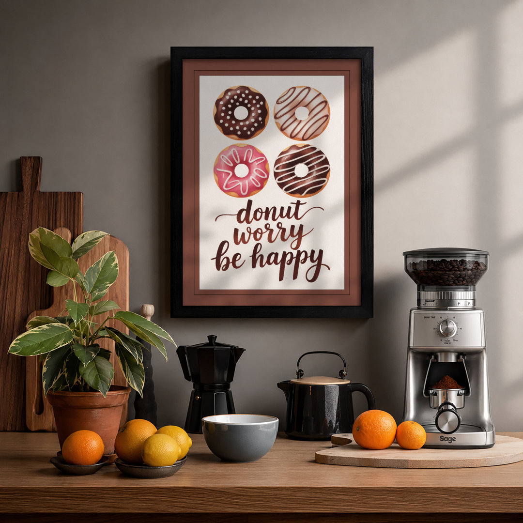 Donut Worry Be Happy Typography - Framed Print