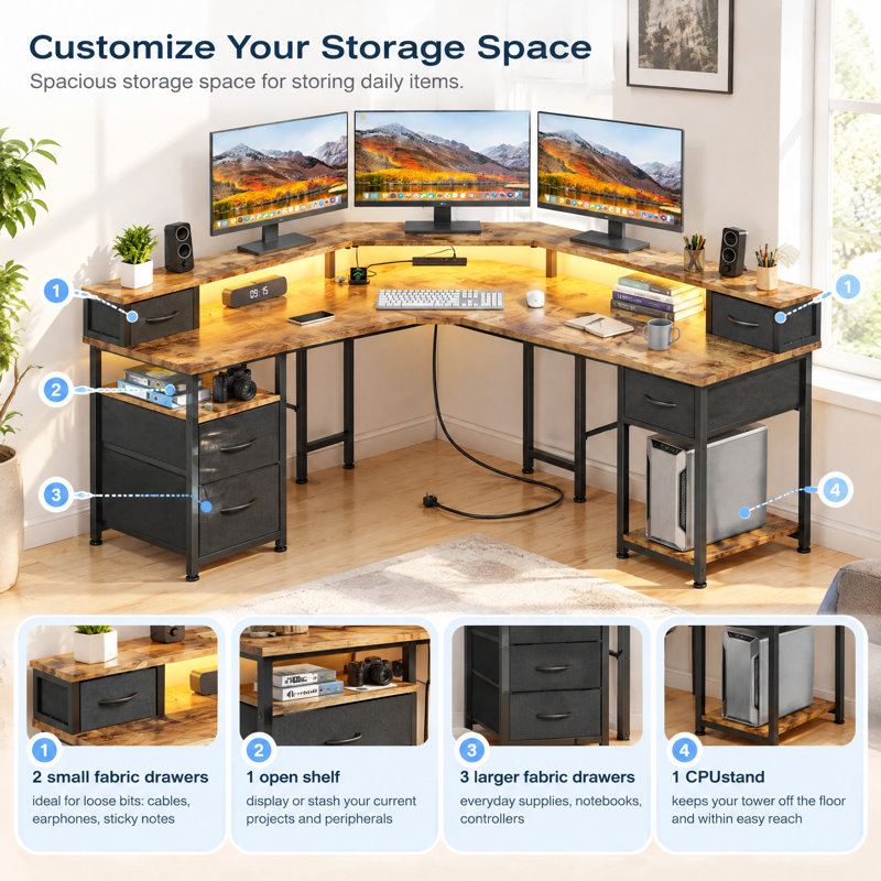 Adjustable Height L-Shaped Steel Computer Desk with Built-In Electrical Outlet, Brown