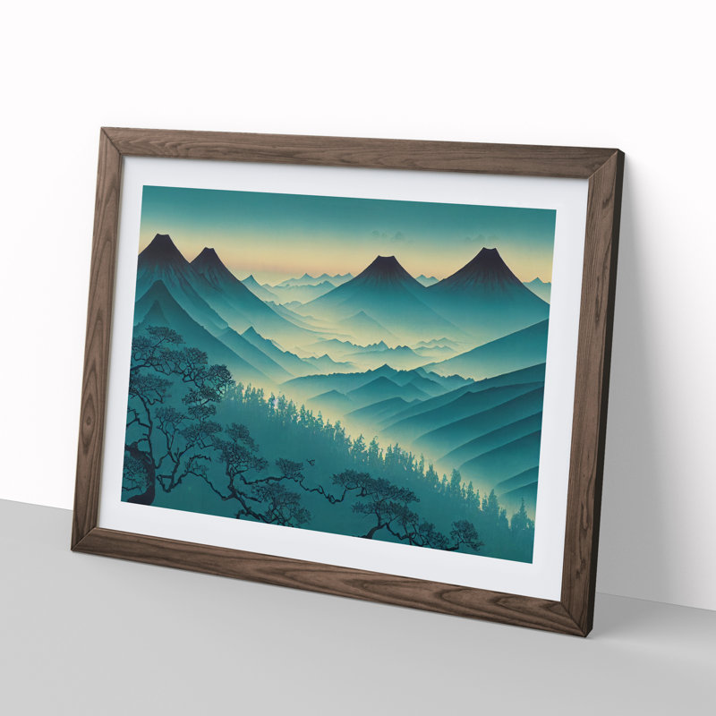 Japanese Forest Mountains - Single Picture Frame Print, 25cm H x 34cm W x 2cm D, Walnut
