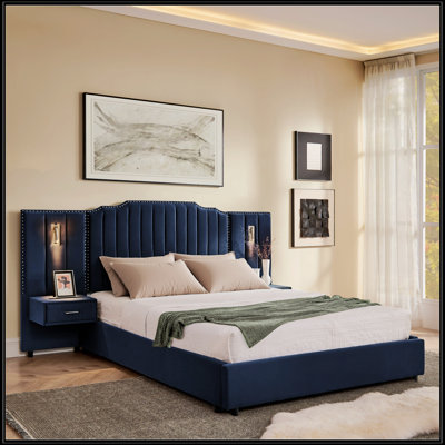 Structure de lit tapissier pour grand lit avec tissu en velours, rayures verticales, boutons, tête de lit et table de chevet - aucun sommier nécessaire