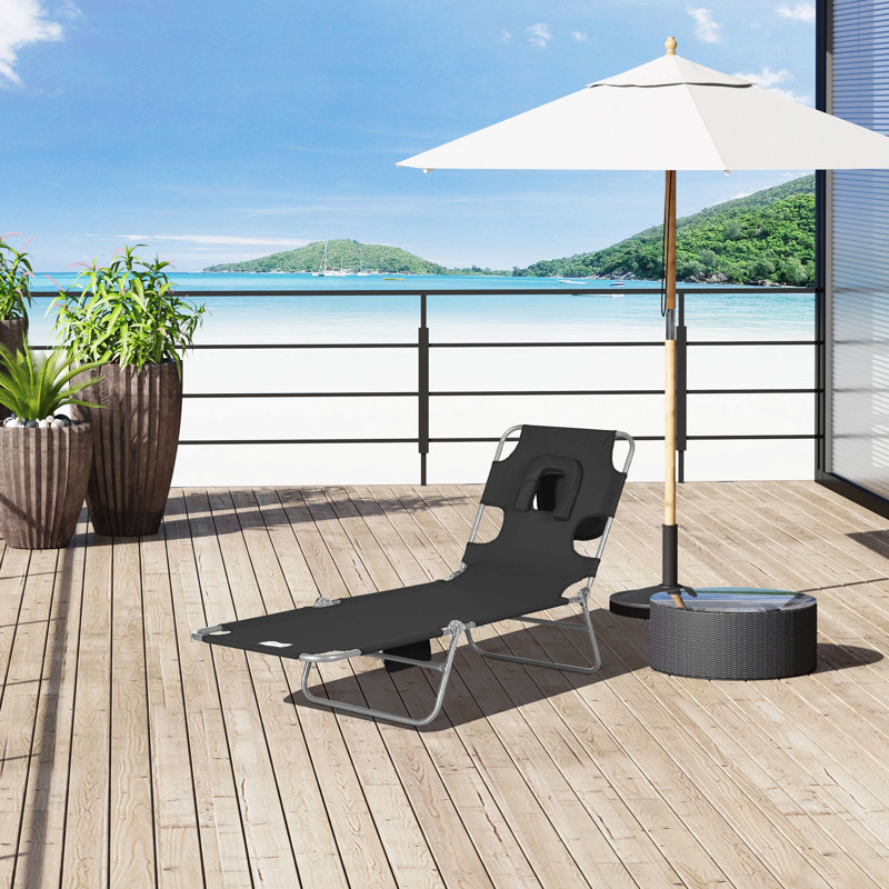 Folding Beach Lounge Chair With Face Hole And Arm Slots, 5-Level Adjustable Sun Lounger Tanning Chair With Pillow For Patio, Garden, Beach, Pool