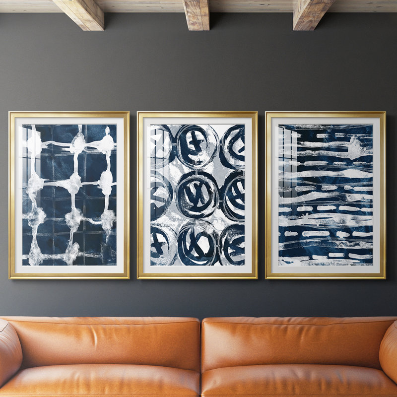 Indigo Memory I - reproduction sur mesure encadrée de qualité supérieure mate - 3 pièces, H 19 po x l 27 po, Doré