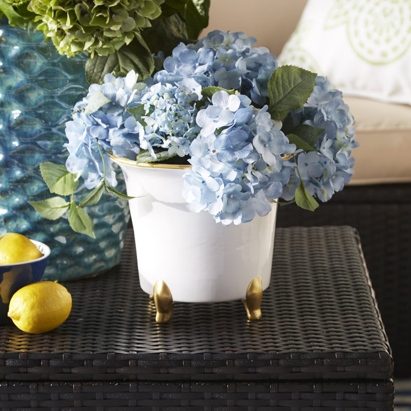 Large White and Gold Ceramic Cachepot with Tapered Feet