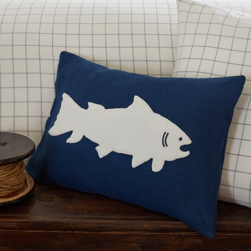 Fish Coastal Boudoir Pillow, Navy/Whitte
