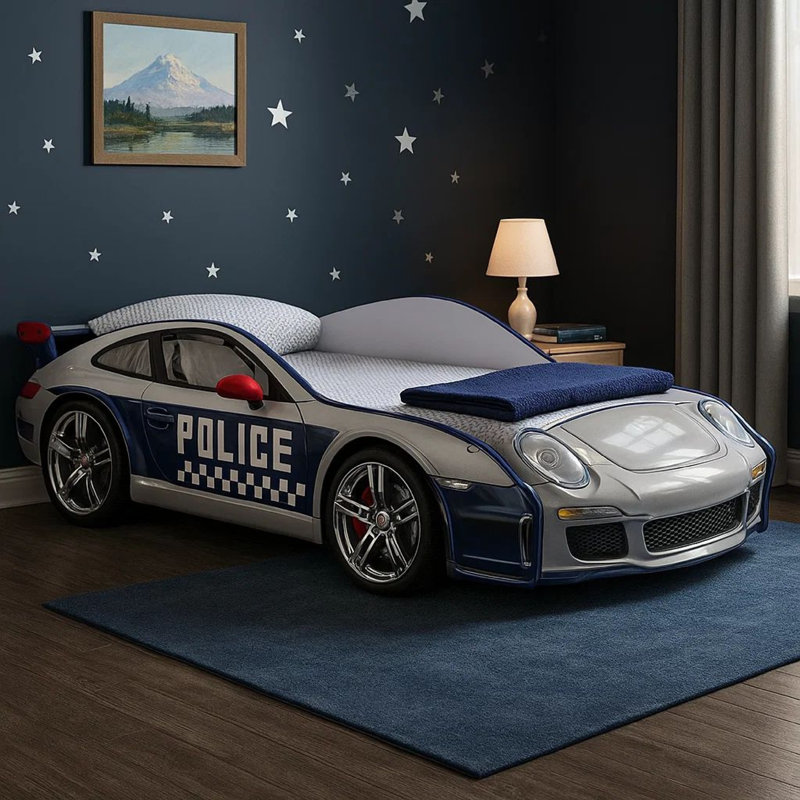 Lit pour enfant Peri avec voiture de police réaliste, blanc, bleu