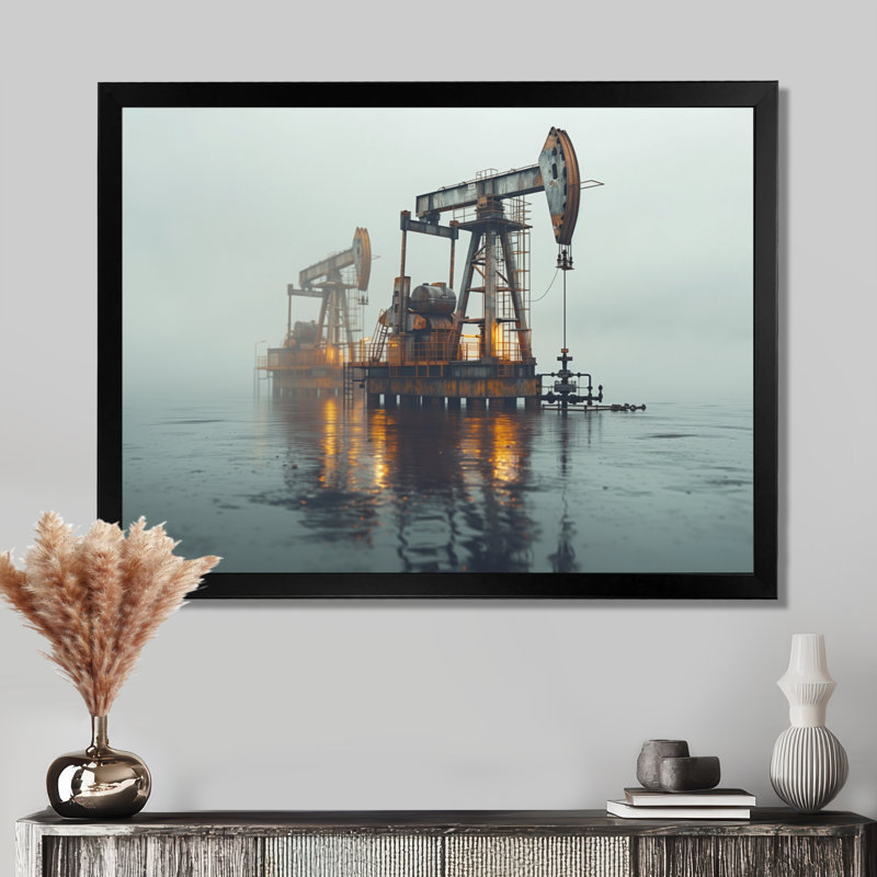 Gris, jaune, hiver, carburant, Futures, plate-forme de pétrole, Toile encadrée noire simple, H 30 po x l 40 po x P 1,5 po
