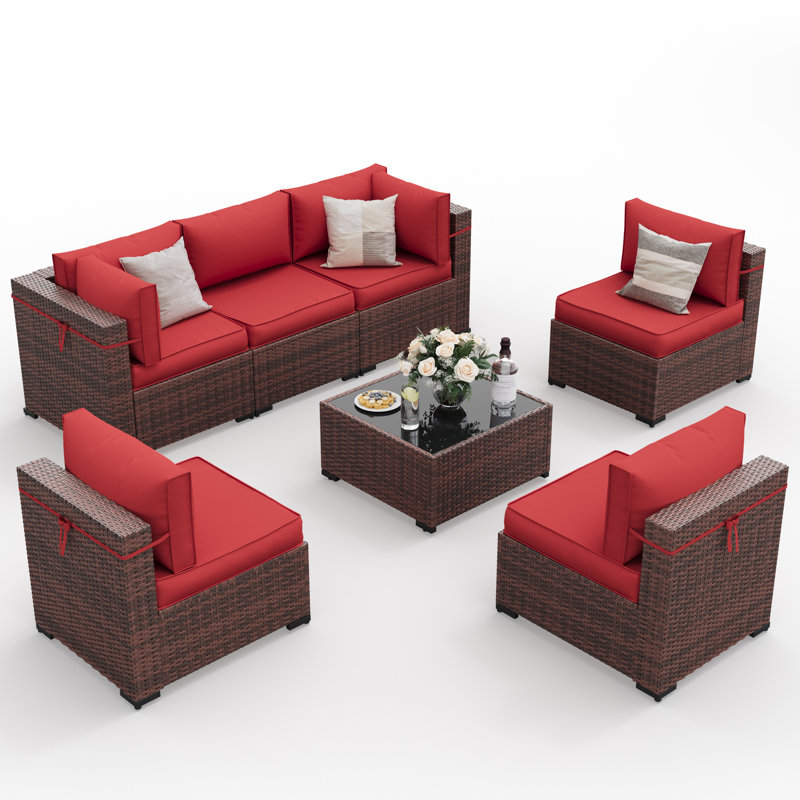 7 Piece Rattan Sectional Seating Group With Cushions, Burgundy