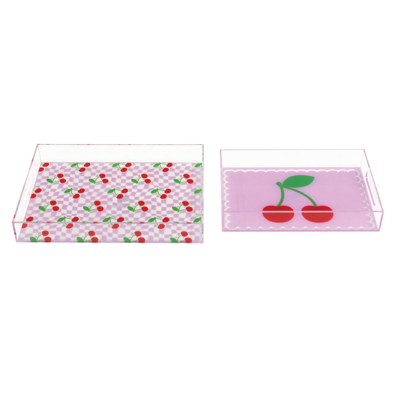  2-pc Acrylic Cherry & Pink Serving Trays with Handles - Decorative Set