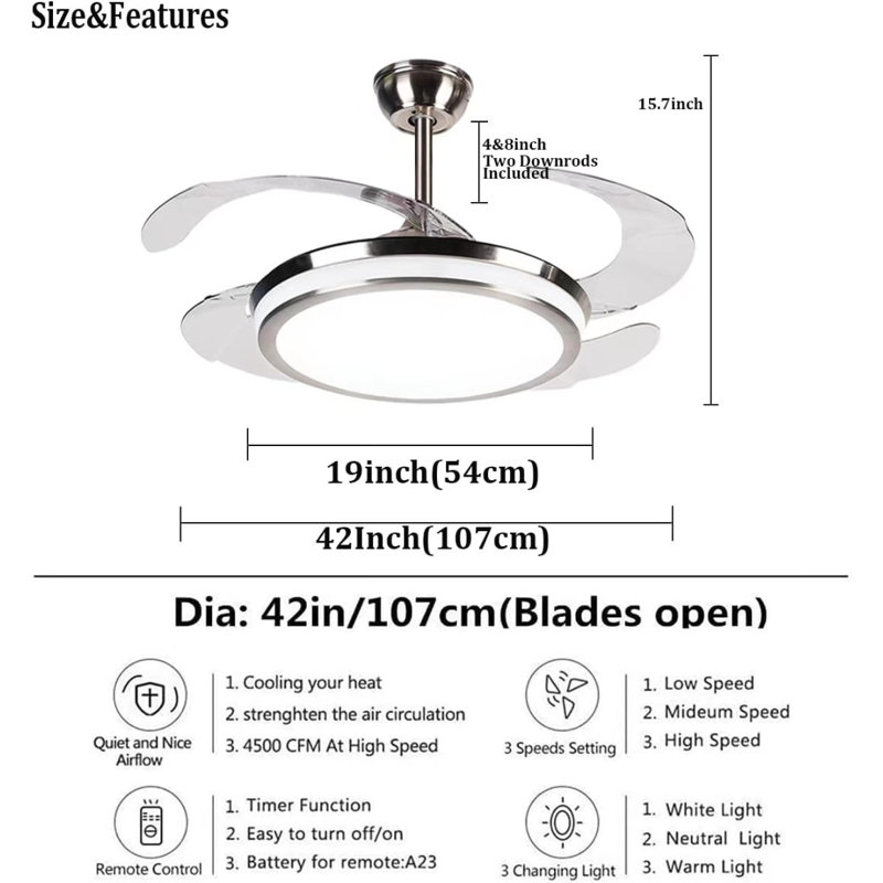 Ventilateur de plafond rétractable à télécommande 42 po avec lumière DEL tricolore
