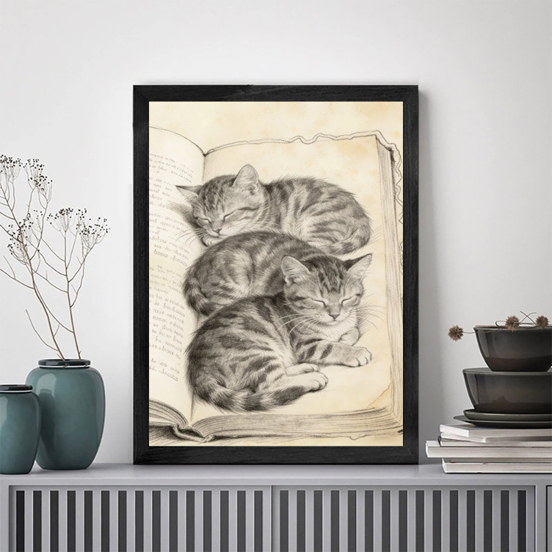 Reproduction d'art encadré noir rétro avec trois chats endormis, H 11 po x l 9 po