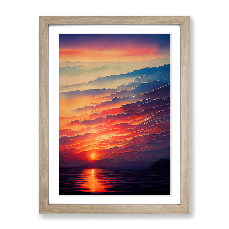 XV1022-3944X Shining Ocean Sunset - Print, White, 66cm H x 48cm W, Oak Framed