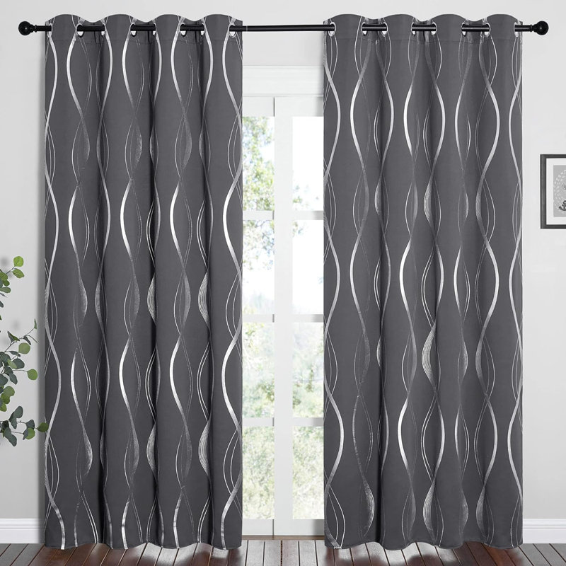 Blackout Curtains Panels Window Treatment Thermal Insulated Solid Grommet Blackout Wave Line Foil Print Design Curtains for Living Room Set of 2