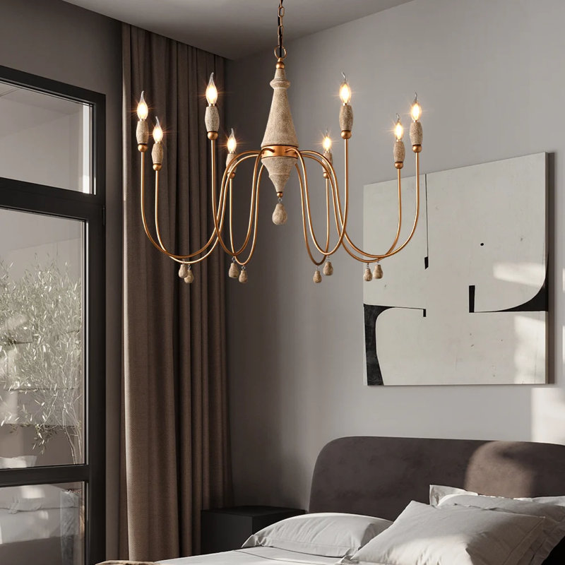 Mid Century Modern Farmhouse 8-Light Candle-Style Chandelier Pendant Light Gold Finish Wood Iron Beaded Accents Clay-Like Distressed Ivory Candles Sloped Ceiling Compatible Hardwired E12 Bulb