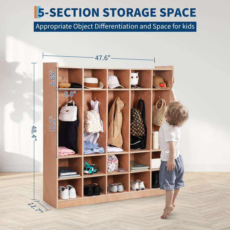 5-Section Heavy-Duty Plywood Coat Locker, 15-Compartment Kids Storage Unit with 5 Hooks, 4 Castors and 2 Storage Boxes for Nursery Classroom Hallway
