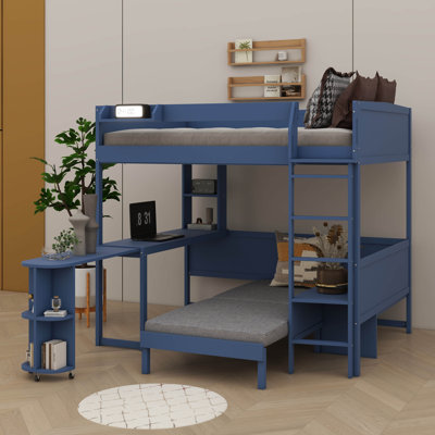 Full-Size Wooden Loft Bed Equipped With Desk, Bedside Organizer, Couch, And Lighting System