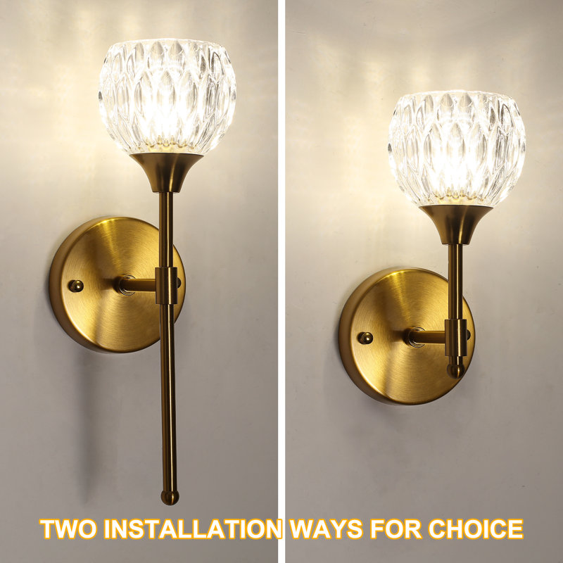 Luxury 1-Light 7 in. Mid Century Vintage Gold Wall Sconce With Crystal Glass Shade For Living Room, Bedroom, Bathroom Or Hallway
