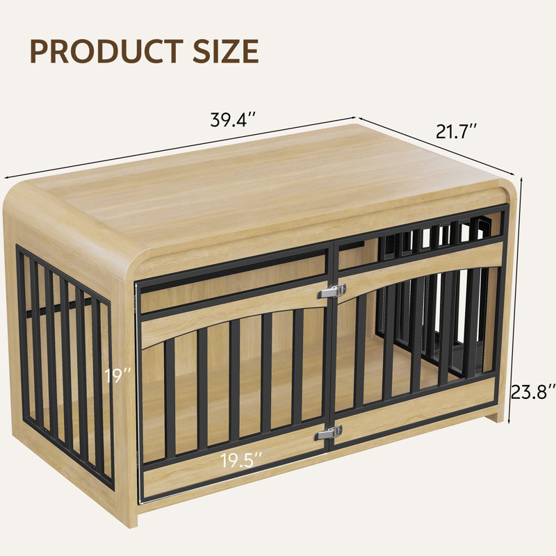 Mobilier pour cage de chien de 39,4 pouces avec bords incurvés et barreaux métalliques, Naturel