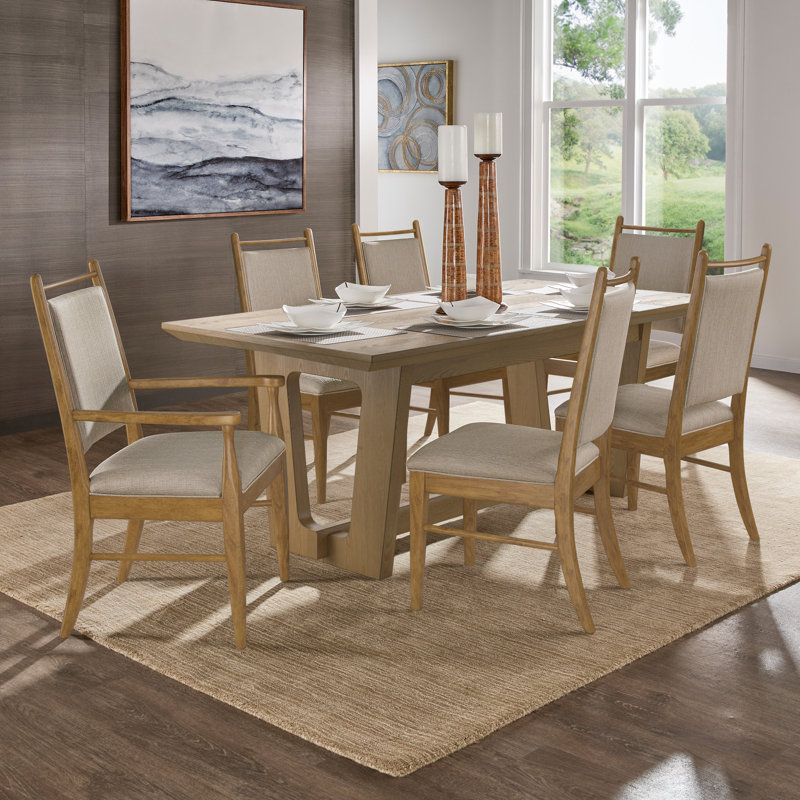 Cipolla 72" Wood Finish Rectangular Dining Set - 7-Piece, Dining Table, Beige Fabric Arm Chairs And Side Chairs, Oak Wash