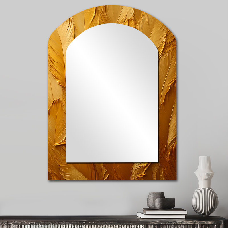 Golden Feathers - miroir mural unique de forme irrégulière à plumes, miroir asymétrique moderne, impression d'art en métal