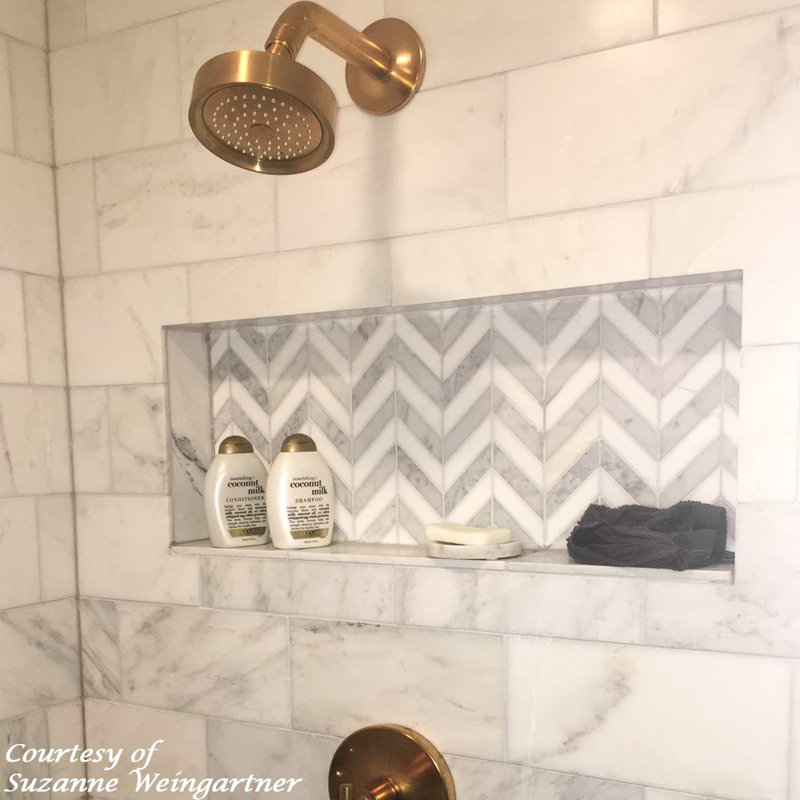 Talon 1x4 Chevron Polished Marble Mosaic Tile, Carrara/Thassos