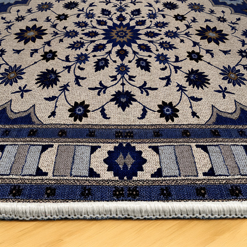 Tapis bleu marine en coton et polyester à imprimé numérique Armend Collection, Rond 4 pi