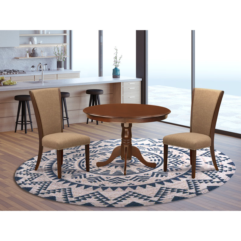 3 Piece Dining Set Contains a Round Dining Room Table with Pedestal and 2 Light Sable Linen Fabric Upholstered Chairs, Linen White
