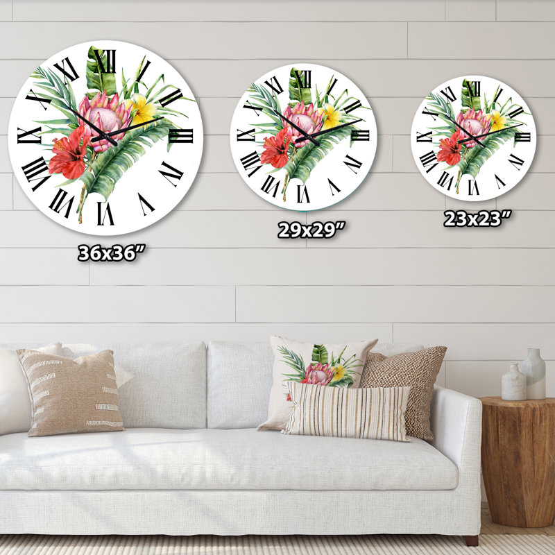 Bouquet de fleurs avec Protea Hibiscus Plumeria - Horloge murale traditionnelle, Grand