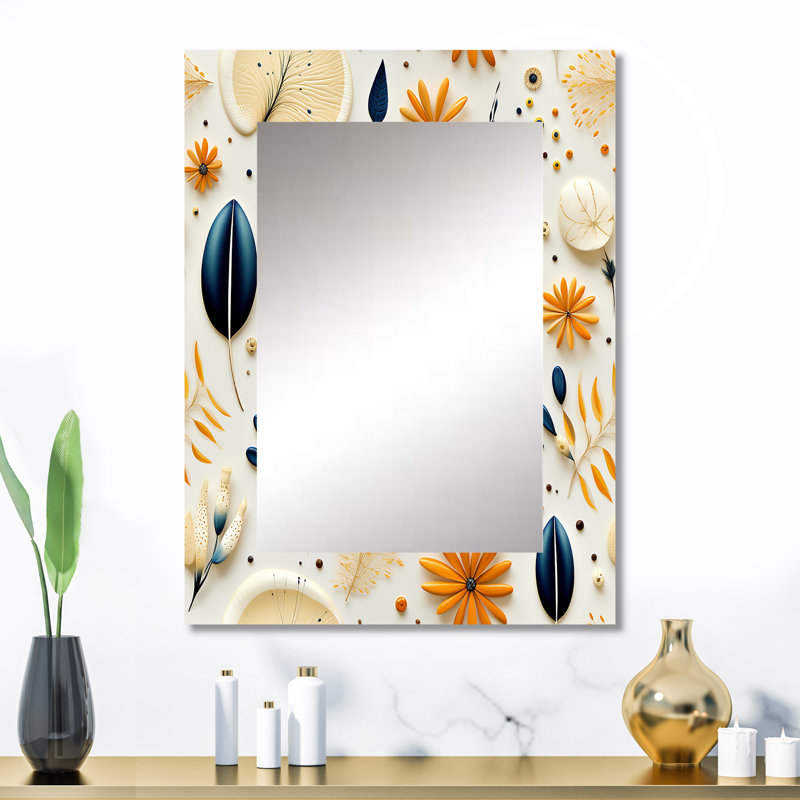Motif de fougères minimalistes bleues et blanches Hayfa - miroir mural décoratif floral, 32 po x 24 po
